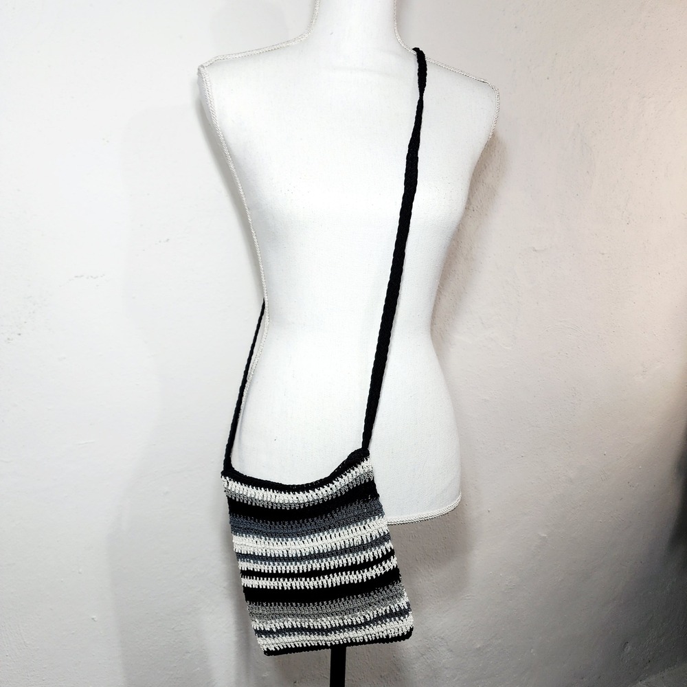 Vintage Crochet Crossbody Bag Small Striped Cotton Black White Boho Y2K‎